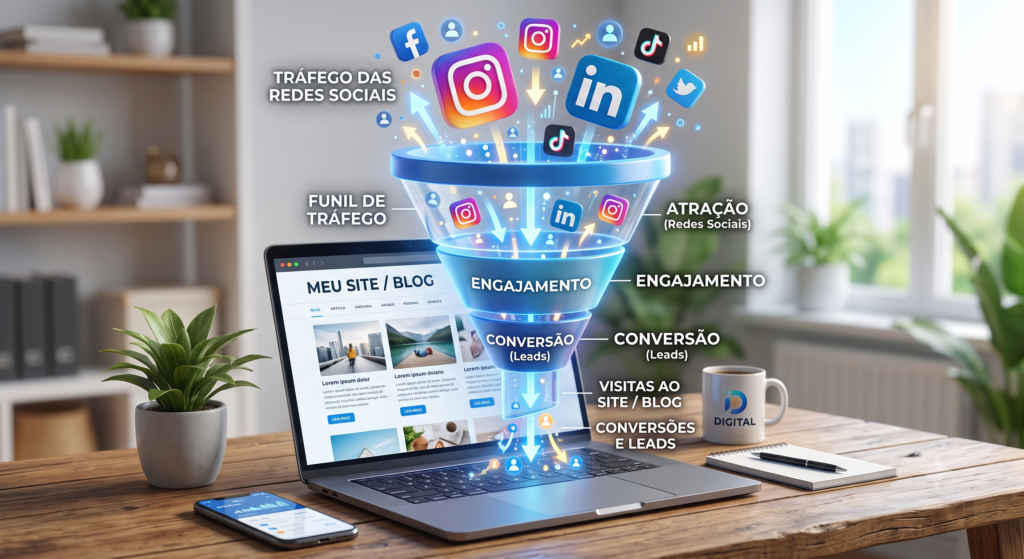 Ilustração de funil de vendas direcionando tráfego das redes sociais para um blog corporativo