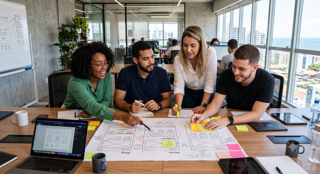 Equipe de agência de sites planejando o design responsivo e a jornada do cliente